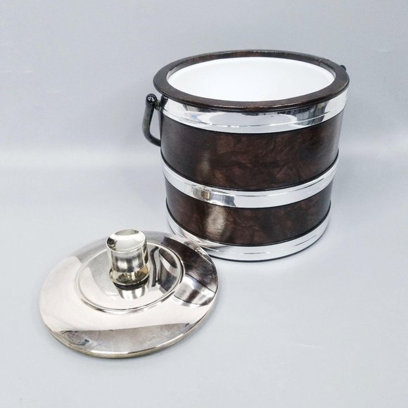 Vintage Ice Bucket Brown Faux Leather Chrome MCM - Picture 2 of 12